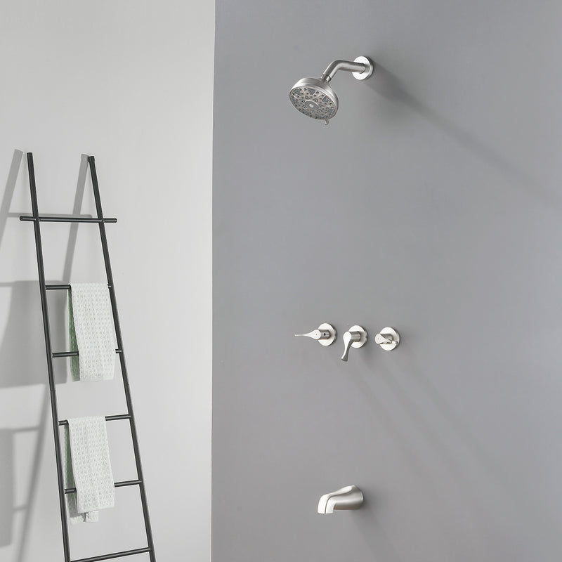 3-Handle Tub & Shower Trim with Tub Spout Wall Mounted 6-Spray 5-Inch Round Bathtub and Shower Faucet For Bathroom