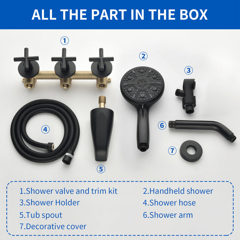 Triple Handles 10-Spray Tub Shower Faucet Wall Mount Shower Trim Kit with 5 In. High Pressure Hand Shower