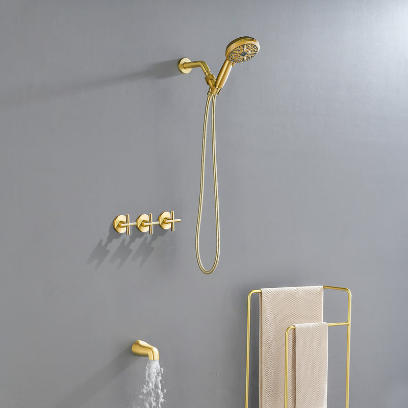 Triple Handles 10-Spray Tub Shower Faucet Wall Mount Shower Trim Kit with 5 In. High Pressure Hand Shower