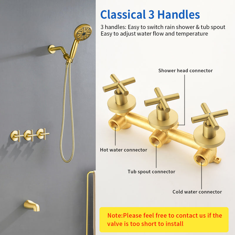 Triple Handles 10-Spray Tub Shower Faucet Wall Mount Shower Trim Kit with 5 In. High Pressure Hand Shower