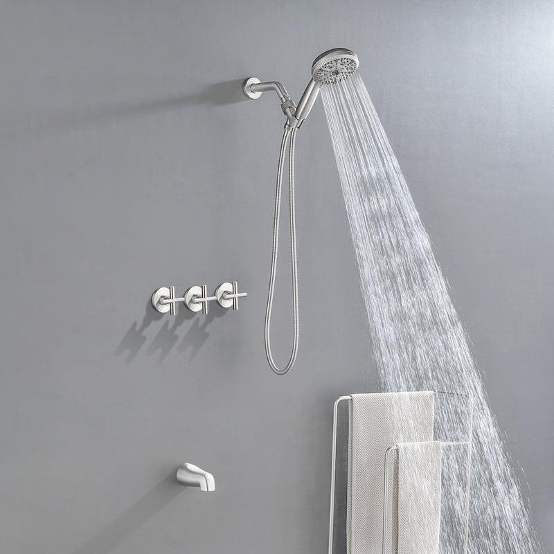 Triple Handles 10-Spray Tub Shower Faucet Wall Mount Shower Trim Kit with 5 In. High Pressure Hand Shower