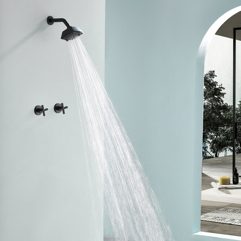 Two Handle Shower Faucet with 5 Inch Square 5-Spray Shower Head in Matte Black, Brushed Nickel, Brushed Gold