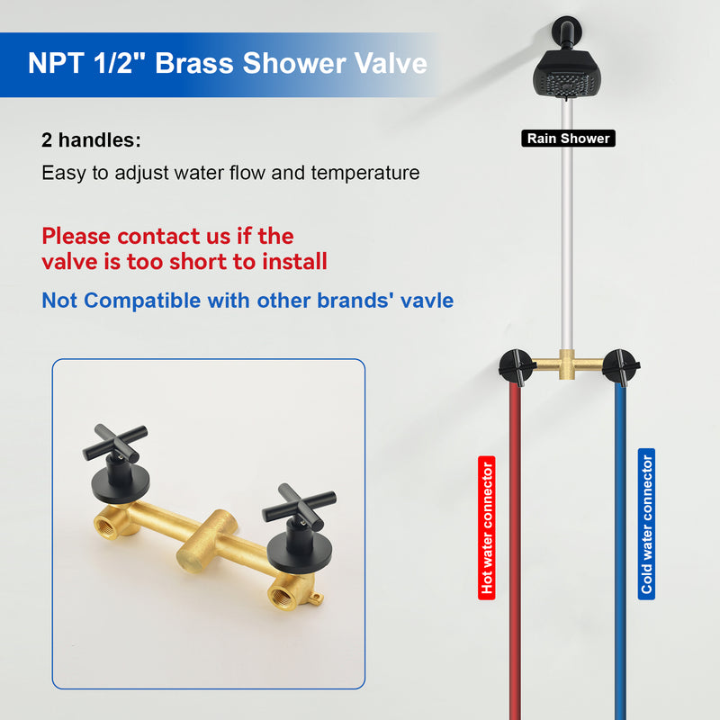 Two Handle Shower Faucet with 5 Inch Square 5-Spray Shower Head in Matte Black, Brushed Nickel, Brushed Gold