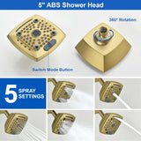 Two Handle Shower Faucet with 5 Inch Square 6-Spray Shower Head in Matte Black, Brushed Nickel, Brushed Gold