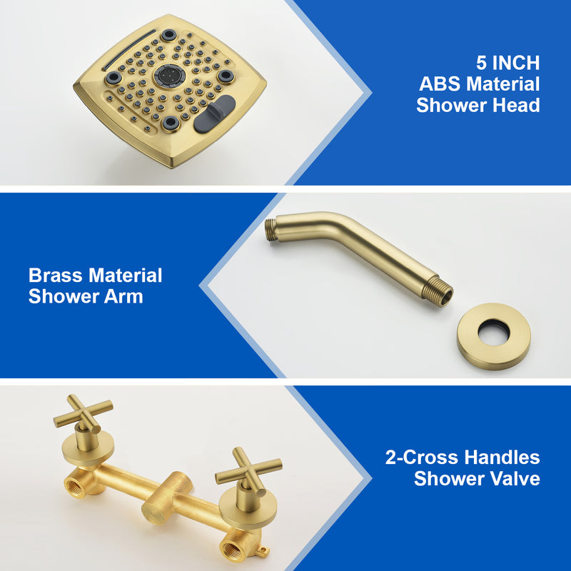 Two Handle Shower Faucet with 5 Inch Square 5-Spray Shower Head in Matte Black, Brushed Nickel, Brushed Gold