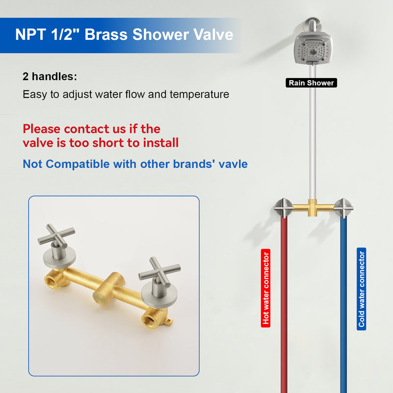 Two Handle Shower Faucet with 5 Inch Square 5-Spray Shower Head in Matte Black, Brushed Nickel, Brushed Gold