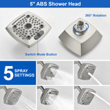 Two Handle Shower Faucet with 5 Inch Square 6-Spray Shower Head in Matte Black, Brushed Nickel, Brushed Gold