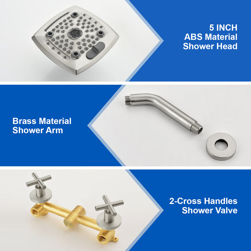 Two Handle Shower Faucet with 5 Inch Square 5-Spray Shower Head in Matte Black, Brushed Nickel, Brushed Gold