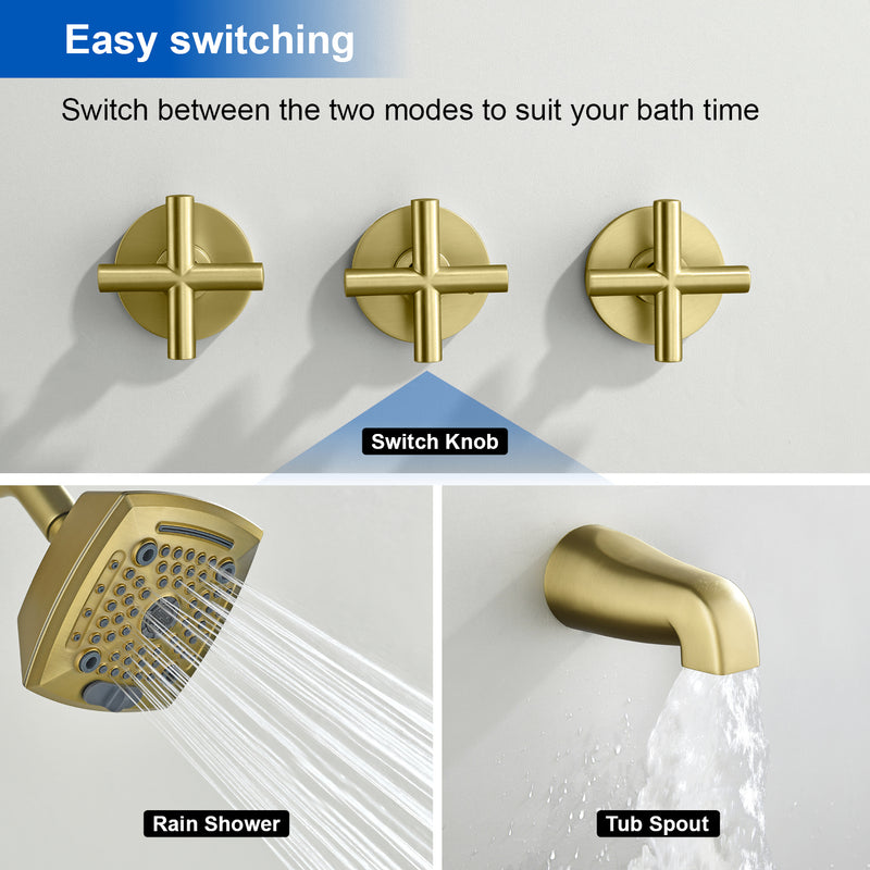3-Handle Tub Shower Trim Kit with Rough-in Valve, 5 Settings Headshower Faucet Set with Tub Spout