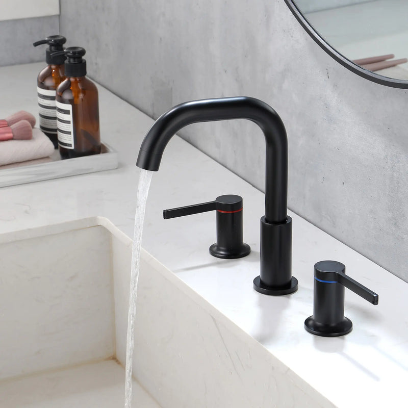8 Inch Widespread Bathroom Faucet Black Matte, 2 Handle 3 Hole Brass Bathroom Lavatory Sink Faucet 8-inch-widespread-bathroom-faucet-black-matte-2-handle-3-hole-brass-bathroom-lavatory-sink-faucet-with-valve-and-cupc-water-supply-hoses Matte Black / Brass / ‎14.61 x 11.26 x 2.87 inches