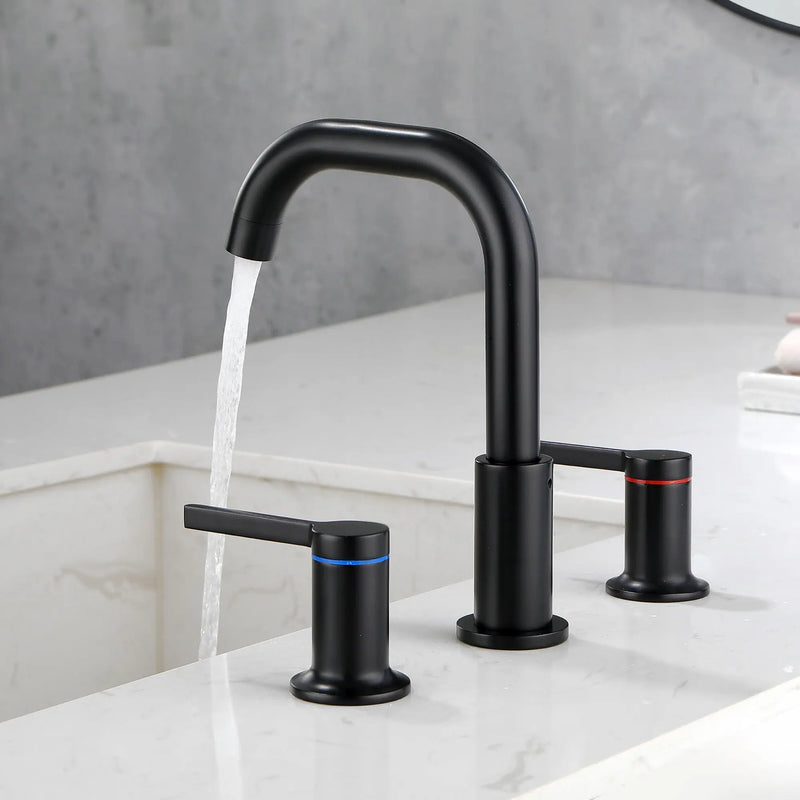 8 Inch Widespread Bathroom Faucet Black Matte, 2 Handle 3 Hole Brass Bathroom Lavatory Sink Faucet 8-inch-widespread-bathroom-faucet-black-matte-2-handle-3-hole-brass-bathroom-lavatory-sink-faucet-with-valve-and-cupc-water-supply-hoses 
