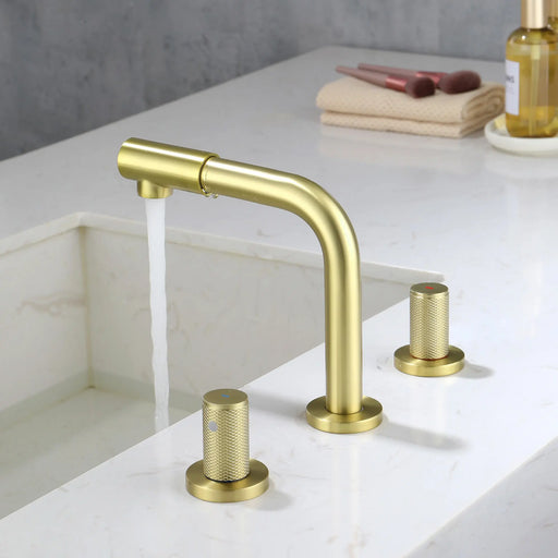 8 Inch Widespread Faucet with 360 Degree Swivel Nozzle and Spout, Modern 2 Unique Knob Handles 8-inch-widespread-faucet-with-360-degree-swivel-nozzle-and-spout-modern-2-unique-knob-handles-bathroom-sink-faucet-3-hole-brushed-gold-valve-and-cupc-water-supply-hoses-included 