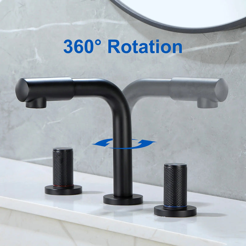 8 Inch Widespread Faucet with 360 Degree Swivel Nozzle and Spout, Modern 2 Unique Knob Handles 8-inch-widespread-faucet-with-360-degree-swivel-nozzle-and-spout-modern-2-unique-knob-handles-bathroom-sink-faucet-3-hole-brushed-gold-valve-and-cupc-water-supply-hoses-included 