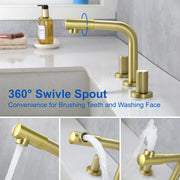 8 Inch Widespread Faucet with 360 Degree Swivel Nozzle and Spout, Modern 2 Unique Knob Handles 8-inch-widespread-faucet-with-360-degree-swivel-nozzle-and-spout-modern-2-unique-knob-handles-bathroom-sink-faucet-3-hole-brushed-gold-valve-and-cupc-water-supply-hoses-included 