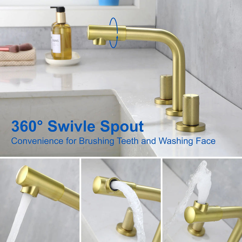 8 Inch Widespread Faucet with 360 Degree Swivel Nozzle and Spout, Modern 2 Unique Knob Handles 8-inch-widespread-faucet-with-360-degree-swivel-nozzle-and-spout-modern-2-unique-knob-handles-bathroom-sink-faucet-3-hole-brushed-gold-valve-and-cupc-water-supply-hoses-included 