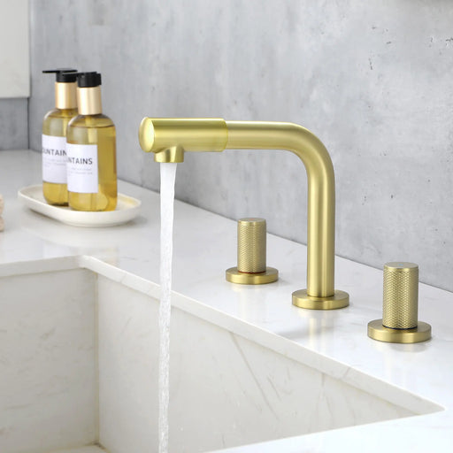 8 Inch Widespread Faucet with 360 Degree Swivel Nozzle and Spout, Modern 2 Unique Knob Handles 8-inch-widespread-faucet-with-360-degree-swivel-nozzle-and-spout-modern-2-unique-knob-handles-bathroom-sink-faucet-3-hole-brushed-gold-valve-and-cupc-water-supply-hoses-included Gold / Brass / 14.65 x 11.1 x 2.87 inches
