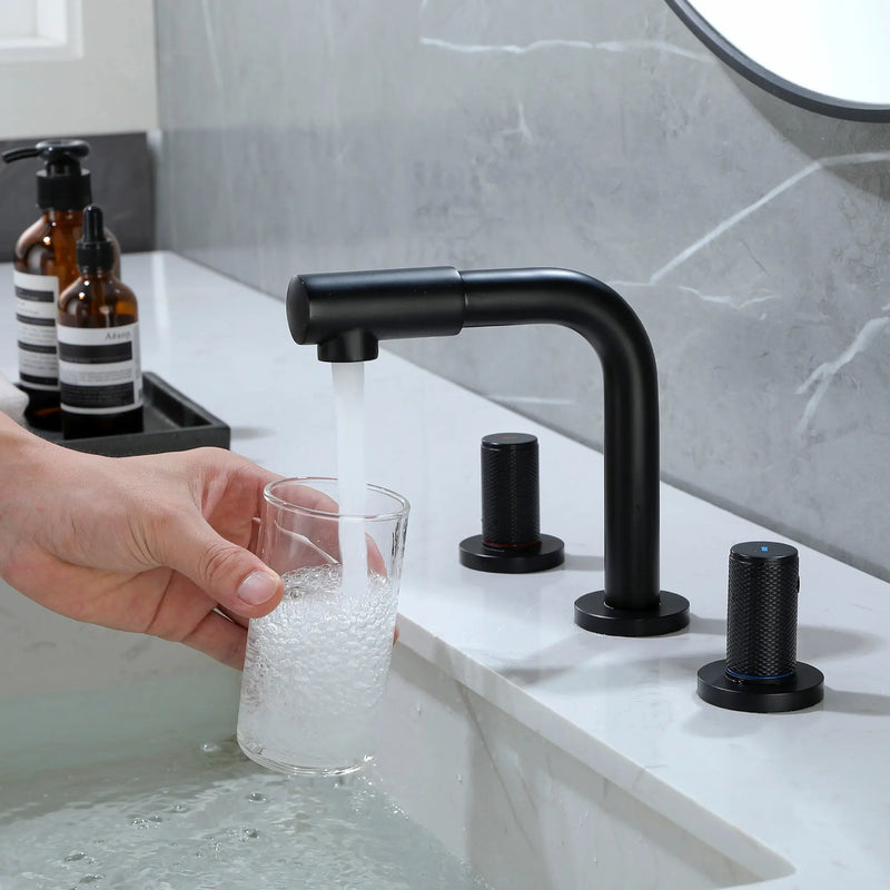 8 Inch Widespread Faucet with 360 Degree Swivel Nozzle and Spout, Modern 2 Unique Knob Handles 8-inch-widespread-faucet-with-360-degree-swivel-nozzle-and-spout-modern-2-unique-knob-handles-bathroom-sink-faucet-3-hole-brushed-gold-valve-and-cupc-water-supply-hoses-included 