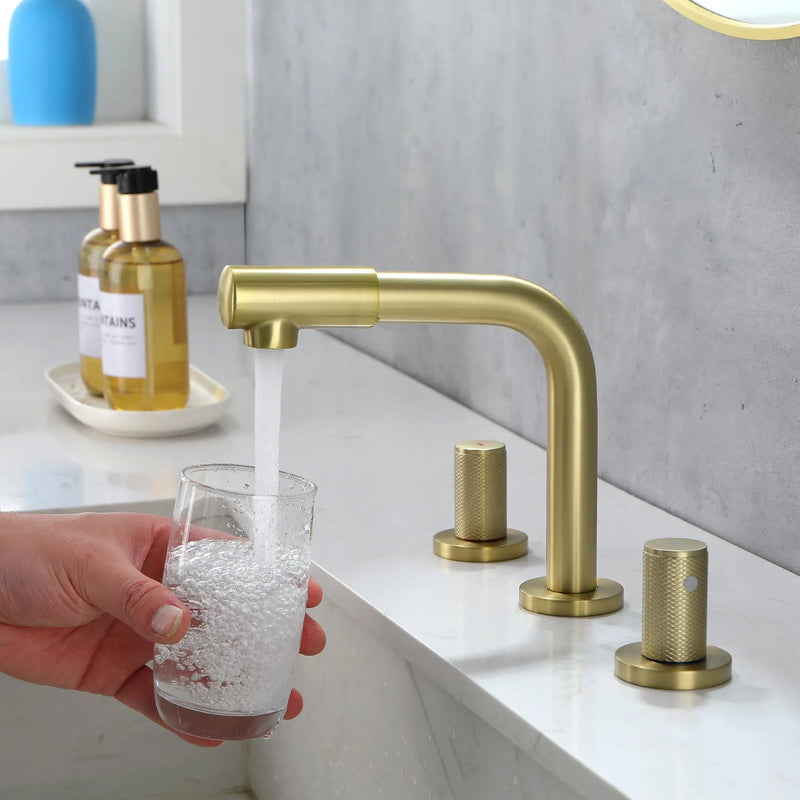 8 Inch Widespread Faucet with 360 Degree Swivel Nozzle and Spout, Modern 2 Unique Knob Handles 8-inch-widespread-faucet-with-360-degree-swivel-nozzle-and-spout-modern-2-unique-knob-handles-bathroom-sink-faucet-3-hole-brushed-gold-valve-and-cupc-water-supply-hoses-included 