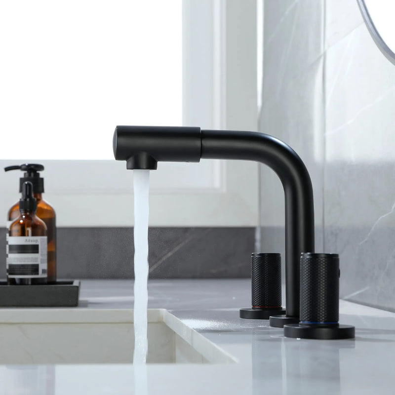 8 Inch Widespread Faucet with 360 Degree Swivel Nozzle and Spout, Modern 2 Unique Knob Handles 8-inch-widespread-faucet-with-360-degree-swivel-nozzle-and-spout-modern-2-unique-knob-handles-bathroom-sink-faucet-3-hole-brushed-gold-valve-and-cupc-water-supply-hoses-included 