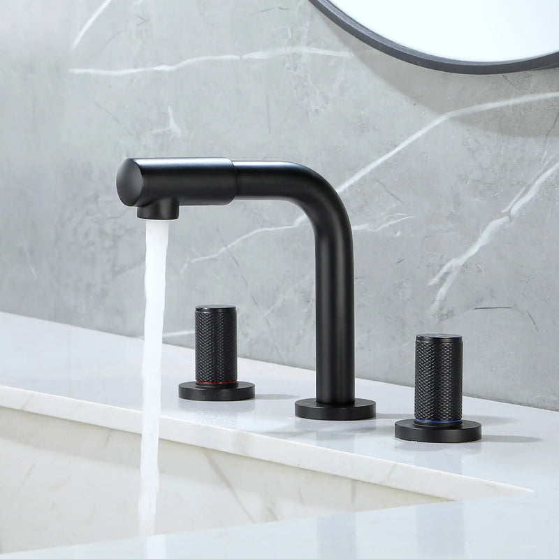 8 Inch Widespread Faucet with 360 Degree Swivel Nozzle and Spout, Modern 2 Unique Knob Handles 8-inch-widespread-faucet-with-360-degree-swivel-nozzle-and-spout-modern-2-unique-knob-handles-bathroom-sink-faucet-3-hole-brushed-gold-valve-and-cupc-water-supply-hoses-included Black / Brass / 14.65 x 11.1 x 2.87 inches