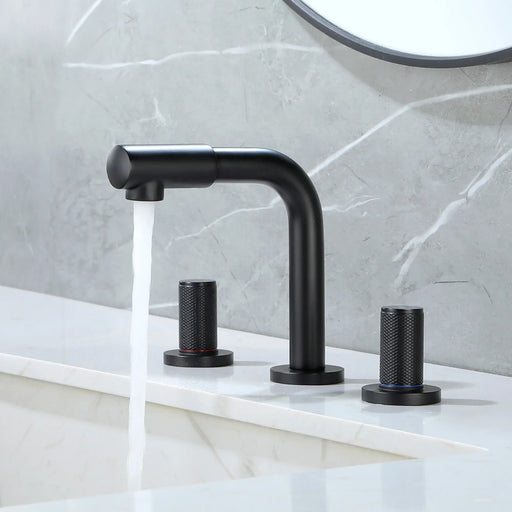 8 Inch Widespread Faucet with 360 Degree Swivel Nozzle and Spout, Modern 2 Unique Knob Handles 8-inch-widespread-faucet-with-360-degree-swivel-nozzle-and-spout-modern-2-unique-knob-handles-bathroom-sink-faucet-3-hole-brushed-gold-valve-and-cupc-water-supply-hoses-included Black / Brass / 14.65 x 11.1 x 2.87 inches