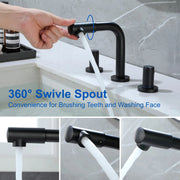 8 Inch Widespread Faucet with 360 Degree Swivel Nozzle and Spout, Modern 2 Unique Knob Handles 8-inch-widespread-faucet-with-360-degree-swivel-nozzle-and-spout-modern-2-unique-knob-handles-bathroom-sink-faucet-3-hole-brushed-gold-valve-and-cupc-water-supply-hoses-included 