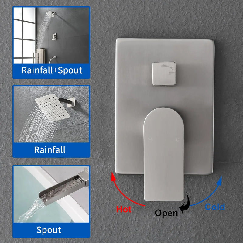 8" Square Rain Shower Head Systems with Waterfall Tub Spout,2 Functions Wall Mounted Shower Trim Kit 8-square-rain-shower-head-systems-with-waterfall-tub-spout-2-functions-wall-mounted-shower-trim-kit 