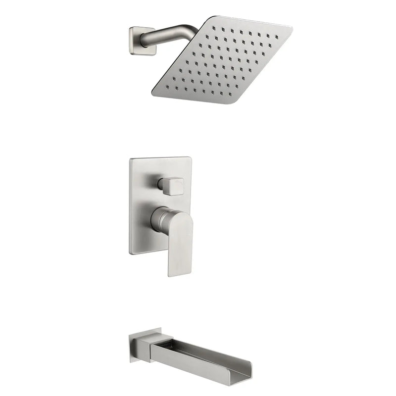 8" Square Rain Shower Head Systems with Waterfall Tub Spout,2 Functions Wall Mounted Shower Trim Kit 8-square-rain-shower-head-systems-with-waterfall-tub-spout-2-functions-wall-mounted-shower-trim-kit Brushed Nickel / Brass & SUS304 / 17.3*10.1*5.4 inches