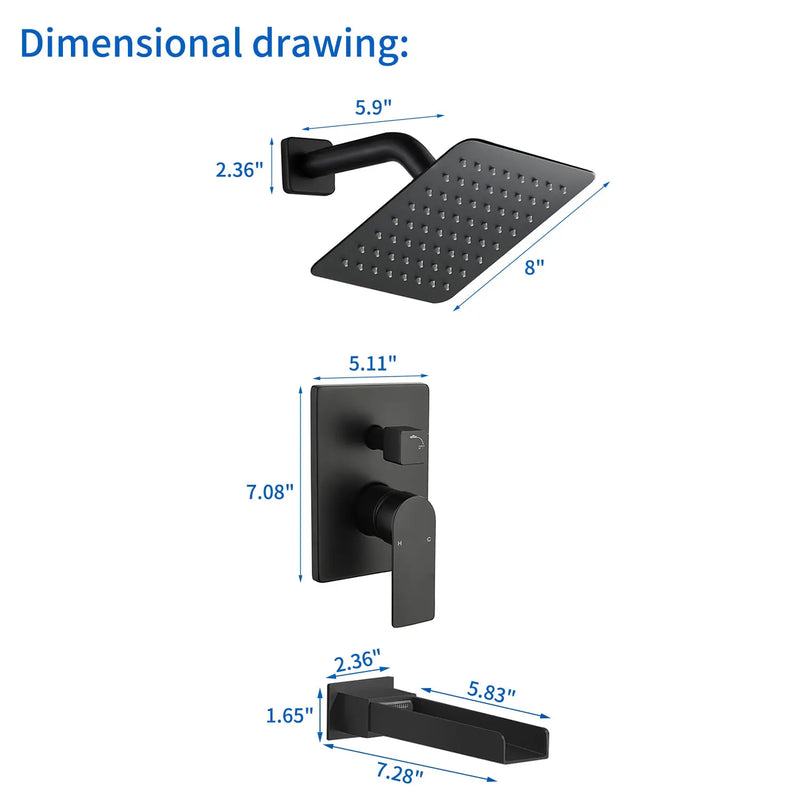 8" Square Rain Shower Head Systems with Waterfall Tub Spout,2 Functions Wall Mounted Shower Trim Kit 8-square-rain-shower-head-systems-with-waterfall-tub-spout-2-functions-wall-mounted-shower-trim-kit 