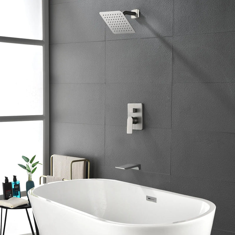 Bath and Shower Faucet Set with Pressure Balance Valve, 8 Inch Rain Shower Head and Waterfall Spout in Matte Black, Brushed Nickel, Brushed Gold Finish bath-and-shower-faucet-set-with-pressure-balance-valve-8-inch-rain-shower-head-and-waterfall-spout-in-matte-black-brushed-nickel-brushed-gold-finish 