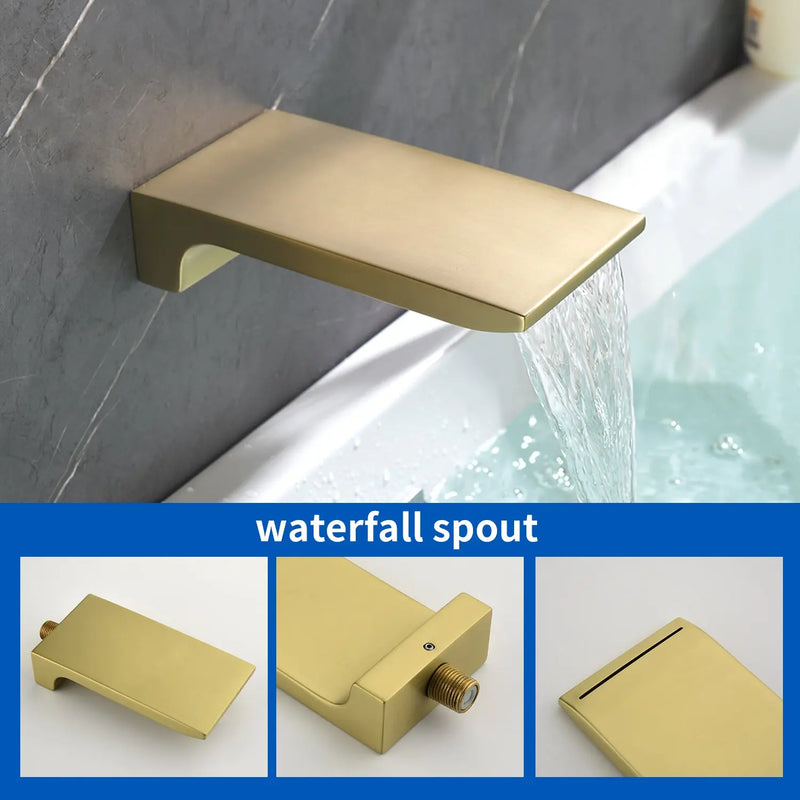 Bath and Shower Faucet Set with Pressure Balance Valve, 8 Inch Rain Shower Head and Waterfall Spout in Matte Black, Brushed Nickel, Brushed Gold Finish bath-and-shower-faucet-set-with-pressure-balance-valve-8-inch-rain-shower-head-and-waterfall-spout-in-matte-black-brushed-nickel-brushed-gold-finish 