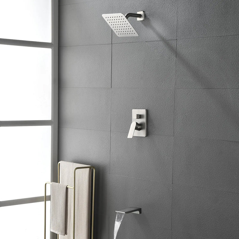 Bath and Shower Faucet Set with Pressure Balance Valve, 8 Inch Rain Shower Head and Waterfall Spout in Matte Black, Brushed Nickel, Brushed Gold Finish bath-and-shower-faucet-set-with-pressure-balance-valve-8-inch-rain-shower-head-and-waterfall-spout-in-matte-black-brushed-nickel-brushed-gold-finish 