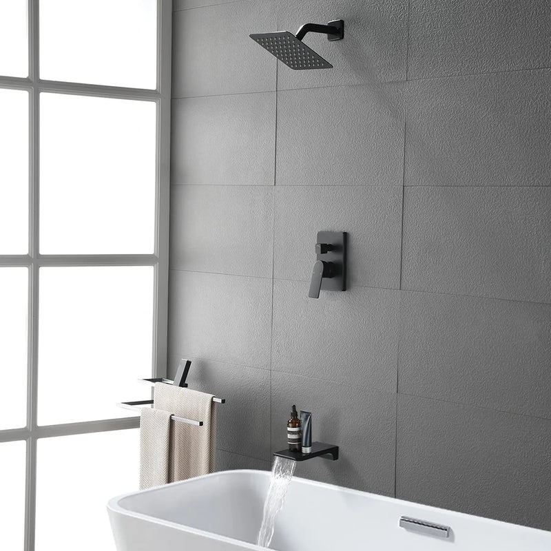 Bath and Shower Faucet Set with Pressure Balance Valve, 8 Inch Rain Shower Head and Waterfall Spout in Matte Black, Brushed Nickel, Brushed Gold Finish bath-and-shower-faucet-set-with-pressure-balance-valve-8-inch-rain-shower-head-and-waterfall-spout-in-matte-black-brushed-nickel-brushed-gold-finish 
