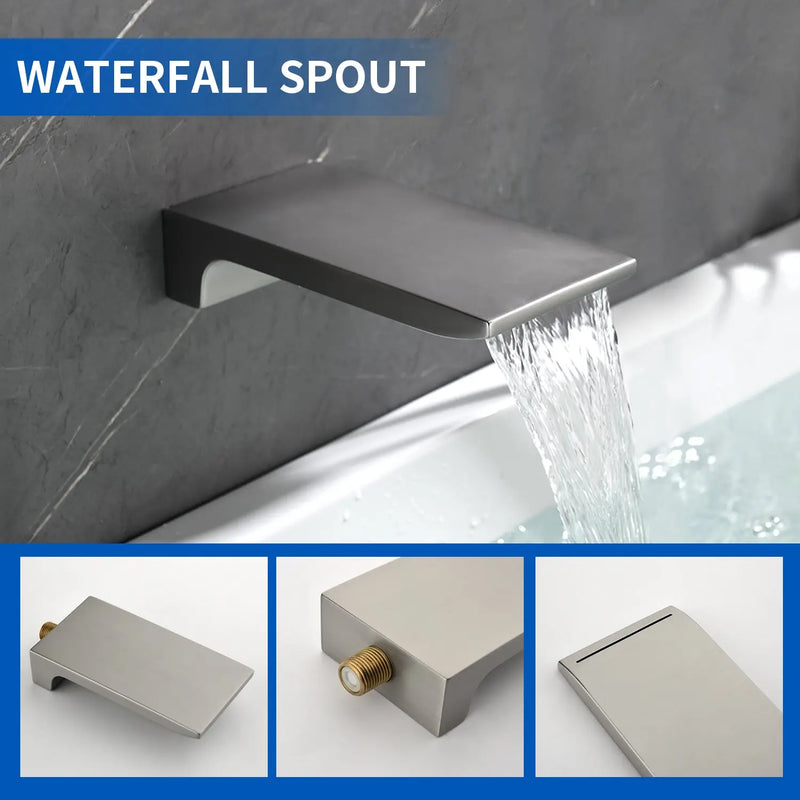 Bath and Shower Faucet Set with Pressure Balance Valve, 8 Inch Rain Shower Head and Waterfall Spout in Matte Black, Brushed Nickel, Brushed Gold Finish bath-and-shower-faucet-set-with-pressure-balance-valve-8-inch-rain-shower-head-and-waterfall-spout-in-matte-black-brushed-nickel-brushed-gold-finish 