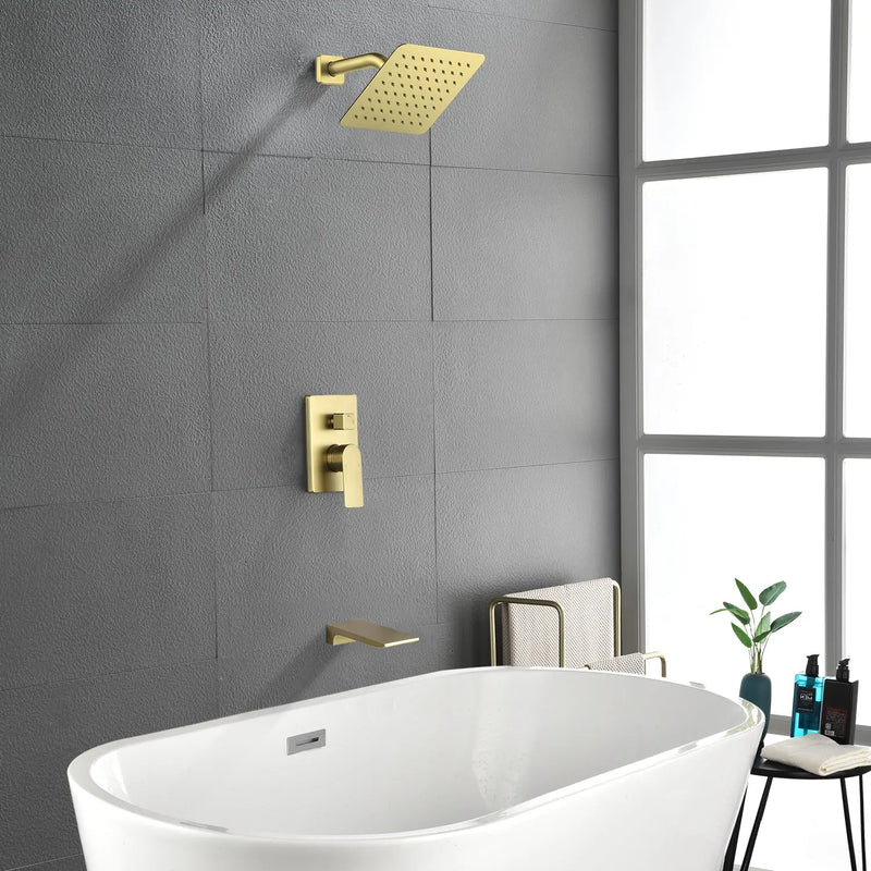 Bath and Shower Faucet Set with Pressure Balance Valve, 8 Inch Rain Shower Head and Waterfall Spout in Matte Black, Brushed Nickel, Brushed Gold Finish bath-and-shower-faucet-set-with-pressure-balance-valve-8-inch-rain-shower-head-and-waterfall-spout-in-matte-black-brushed-nickel-brushed-gold-finish 