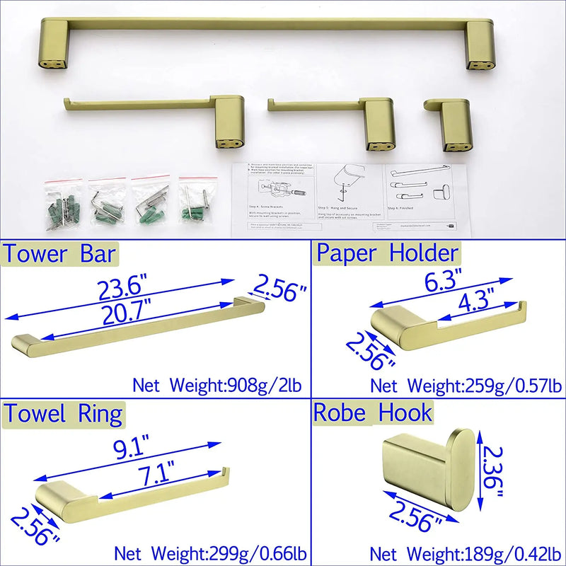 Bathroom Hardware Set, Wall Mount 4-Piece Bath Accessory Towel Rack Set In Brushed Gold, Brushed Nickel, Matte Black bathroom-hardware-set-4-piece-bath-accessory-towel-rack-set-brushed-gold-wall-mount 