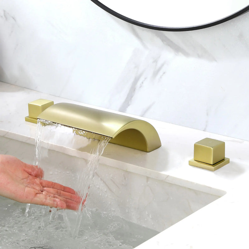 Bathroom Roman Tub Faucet with Waterfall Spout, 3 Hole Deck Mount Widespread Basin Faucet bathroom-roman-tub-faucet-with-waterfall-spout-3-hole-deck-mount-bath-tub-filler-brushed-gold-1519bg 