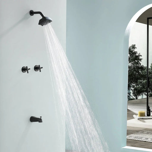 Bathroom Tub and Shower Set with 2-Handle Shower Valve & Trim Kit, 5-Spray Shower Head, Tub Spout with Diverter, Matte Black, Brushed Nickel, Brushed Gold bathroom-tub-and-shower-set-with-2-handle-shower-valve-trim-kit-5-spray-shower-head-tub-spout-with-diverter-matte-black-brushed-nickel-brushed-gold Matte Black / Brass & SUS304 & ABS / 15.55*9.06*5.31 inches