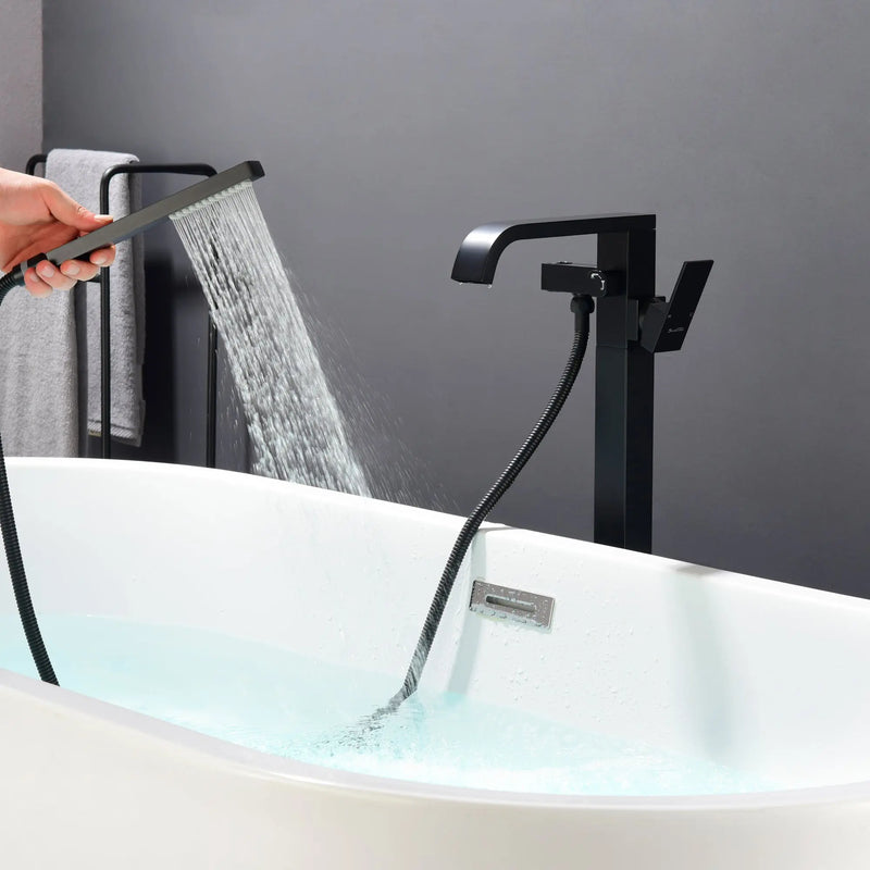 Brass Freestanding Bathtub Faucet with Hand Shower - Matte Black, Brushed Nickel, Brushed Gold Floor Mounted  