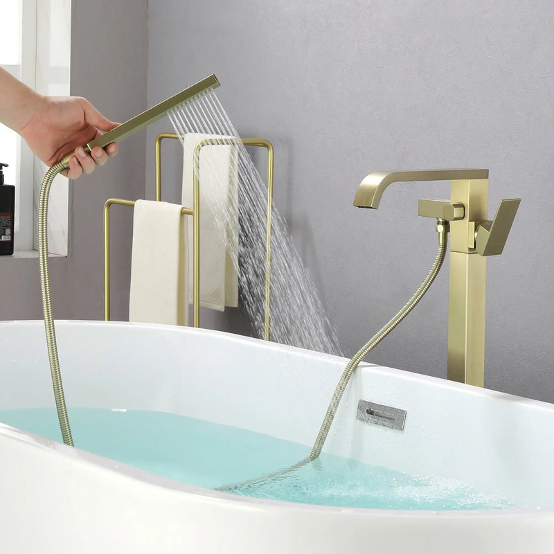 Brass Freestanding Bathtub Faucet with Hand Shower - Matte Black, Brushed Nickel, Brushed Gold brass-freestanding-bathtub-faucet-with-hand-shower 