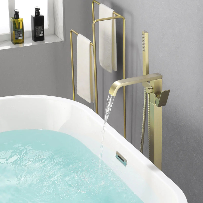 Brass Freestanding Bathtub Faucet with Hand Shower - Matte Black, Brushed Nickel, Brushed Gold brass-freestanding-bathtub-faucet-with-hand-shower Gold / Brass / 32.3 x 11.8 x 7.1 inches