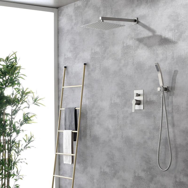 Brass Rainfall Shower System, Luxuly Bathroom Shower Faucet Combo Set Brushed Champaign shamanda-rainfall-shower-system-brushed-champagne-gold Brushed Nickel / 12" steel shower head / Brass