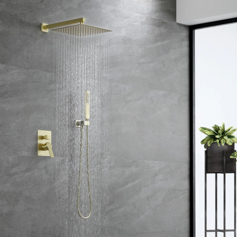 Brass Rainfall Shower System, Luxuly Bathroom Shower Faucet Combo Set Brushed Champaign shamanda-rainfall-shower-system-brushed-champagne-gold Gold / 12" steel shower head / Brass