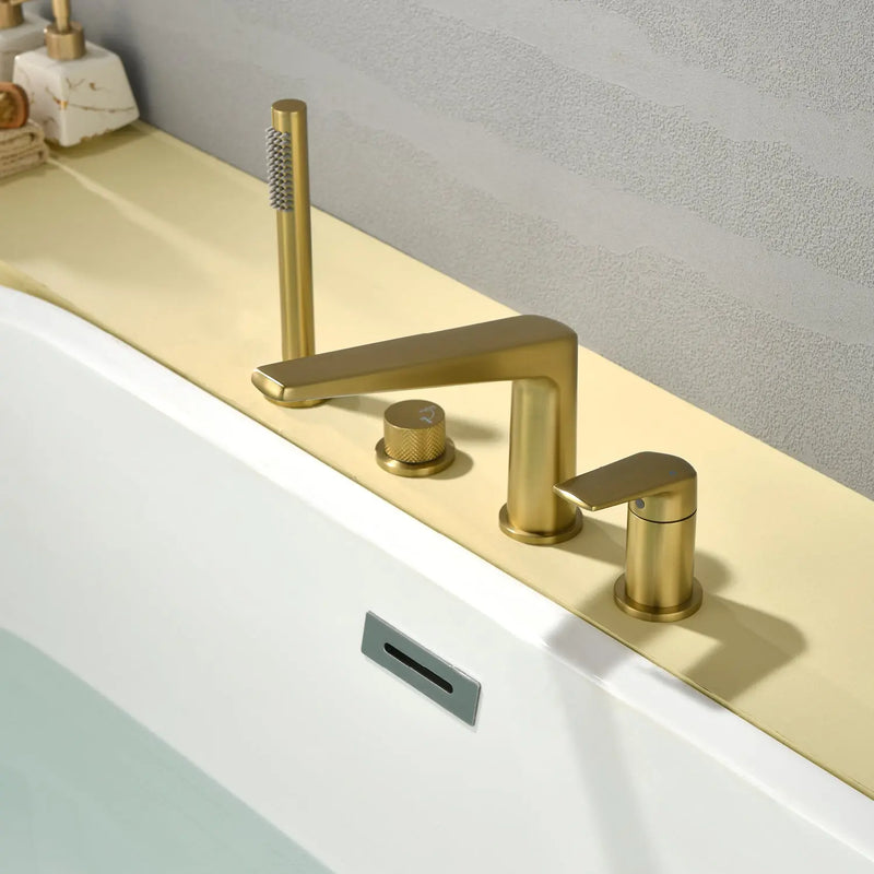 Brass Roman Tub Faucet 4 Piece Deck Mounted Bath Tap with Handshower - Brushed Gold, Brushed Nickel, Matte Black, Chrome brass-roman-tub-faucet-4-piece-deck-mounted-bath-tap-with-handshower-brushed-gold-brushed-nickel-matte-black-chrome Brushed Gold / Brass & SUS304 / 17.7*12.8*3.5inches