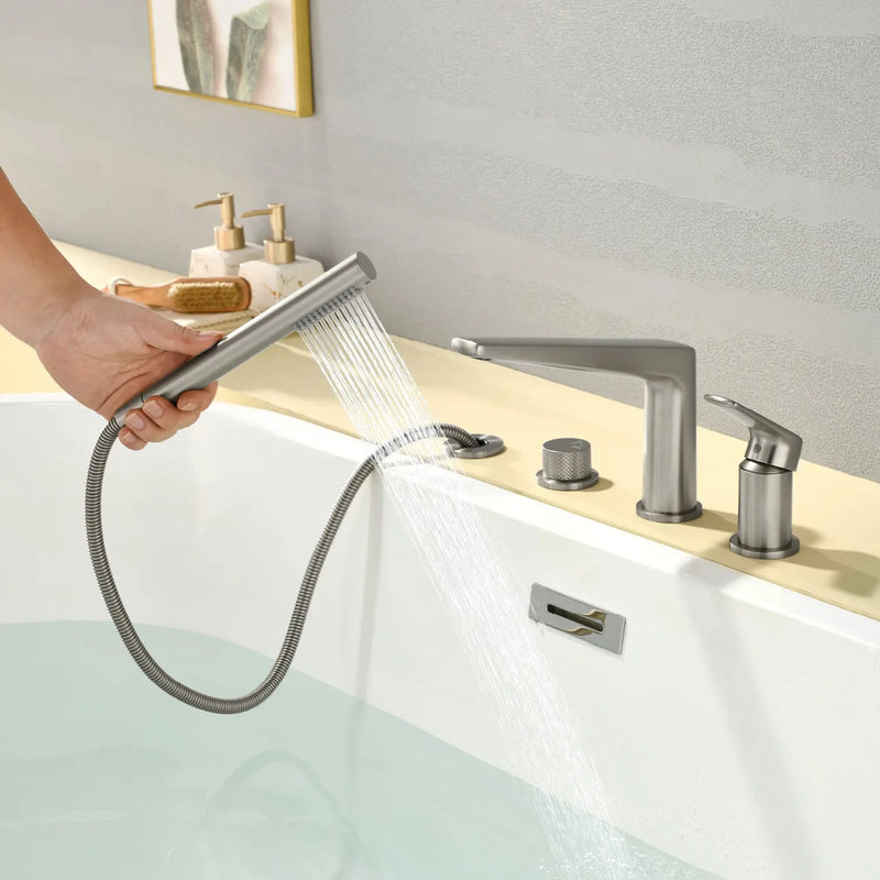 Brass Roman Tub Faucet 4 Piece Deck Mounted Bath Tap with Handshower - Brushed Gold, Brushed Nickel, Matte Black, Chrome brass-roman-tub-faucet-4-piece-deck-mounted-bath-tap-with-handshower-brushed-gold-brushed-nickel-matte-black-chrome 