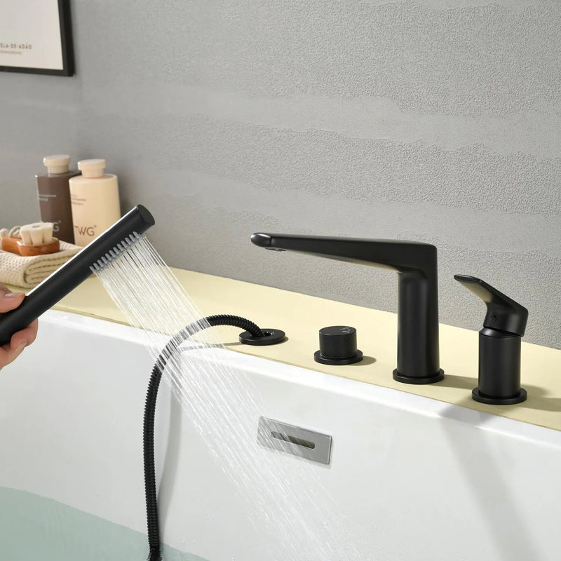 Brass Roman Tub Faucet 4 Piece Deck Mounted Bath Tap with Handshower - Brushed Gold, Brushed Nickel, Matte Black, Chrome brass-roman-tub-faucet-4-piece-deck-mounted-bath-tap-with-handshower-brushed-gold-brushed-nickel-matte-black-chrome 
