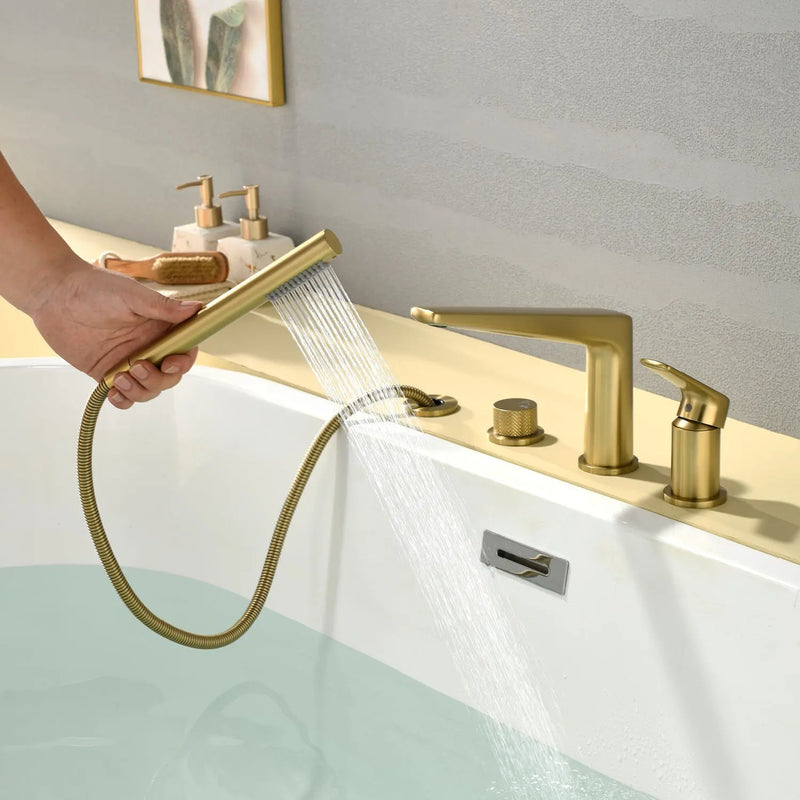 Brass Roman Tub Faucet 4 Piece Deck Mounted Bath Tap with Handshower - Brushed Gold, Brushed Nickel, Matte Black, Chrome brass-roman-tub-faucet-4-piece-deck-mounted-bath-tap-with-handshower-brushed-gold-brushed-nickel-matte-black-chrome 