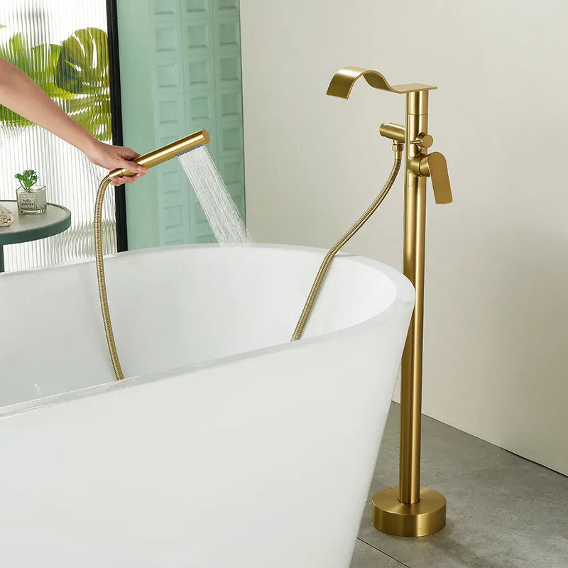 Brass Waterfall Floor-Mount Tub Faucet Single Lever Freestanding Bath Taps with Hand Shower brass-waterfall-floor-mount-tub-faucet-single-lever-freestanding-bath-taps-with-hand-shower 