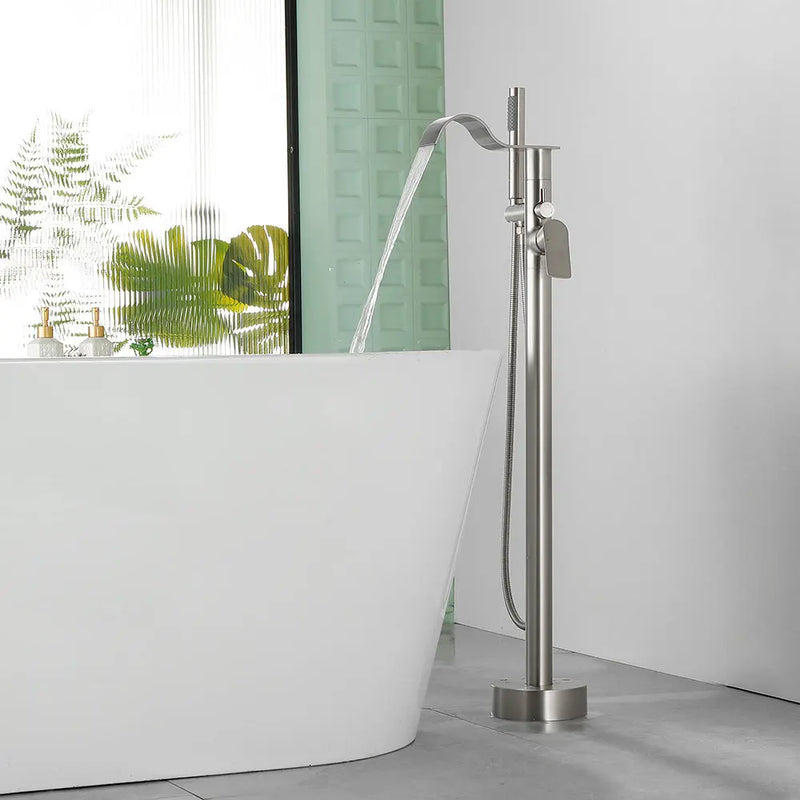 Brass Waterfall Floor-Mount Tub Faucet Single Lever Freestanding Bath Taps with Hand Shower brass-waterfall-floor-mount-tub-faucet-single-lever-freestanding-bath-taps-with-hand-shower 