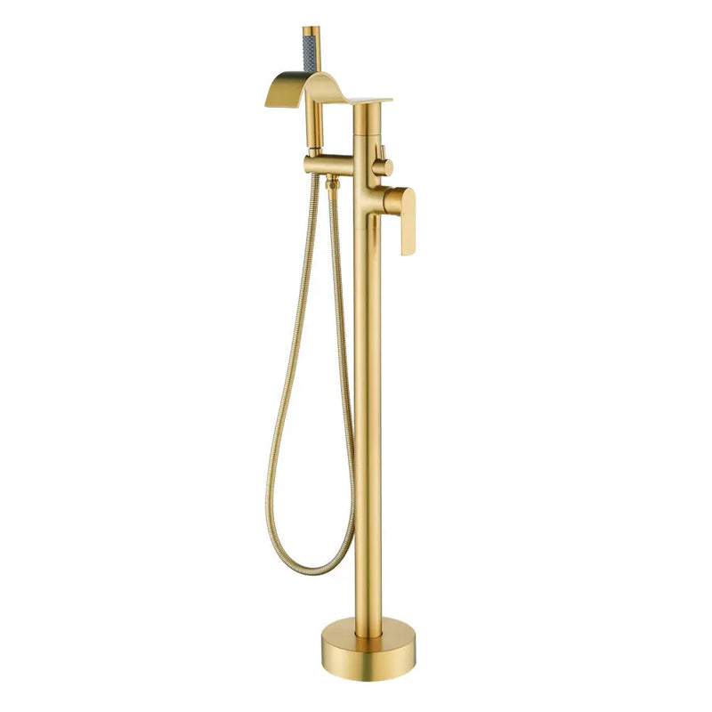 Brass Waterfall Floor-Mount Tub Faucet Single Lever Freestanding Bath Taps with Hand Shower brass-waterfall-floor-mount-tub-faucet-single-lever-freestanding-bath-taps-with-hand-shower Brushed Gold / Brass & SUS304 / 31.9*12*3.7 inches